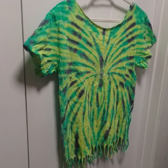 Funky Hand Made Tie-Dye V-Neck Neon green Fringe Top - Picture 7 of 7